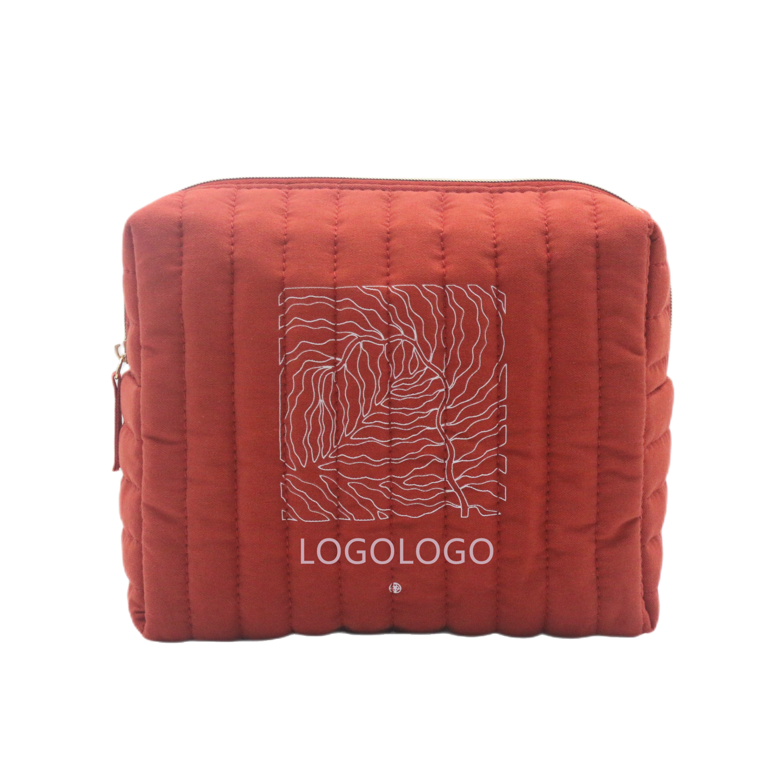 Women Beauty Pouch Winter Quilted Cotton Red Orange rPET Makeup Bag New Custom Logo Eco-friendly Recycled Polyester Cosmetic Bag