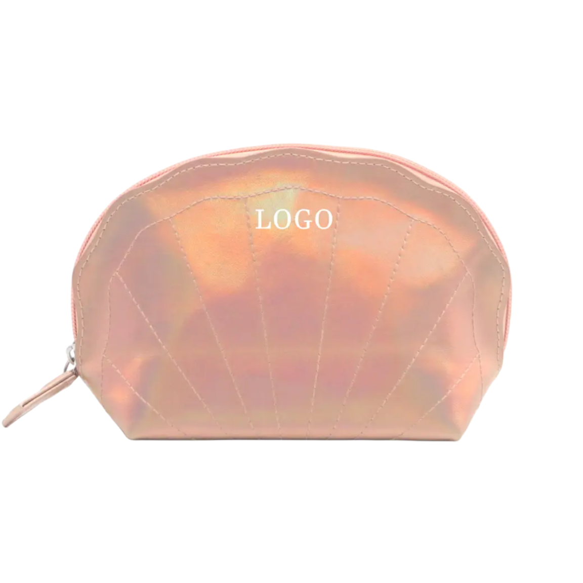 New Product Unique Design Apricot Holographic PU Cosmetic Bag Wave-like Top Shell-Shape Apricot Vegan Leather Makeup Zipper Bag
