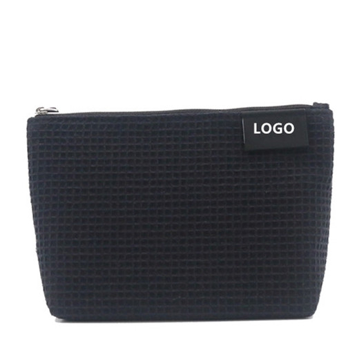 2022  Eco-friendly rPET Makeup Bag Unique Waffle Pattern Black Recycled Polyester Sustainable Cosmetic Bag