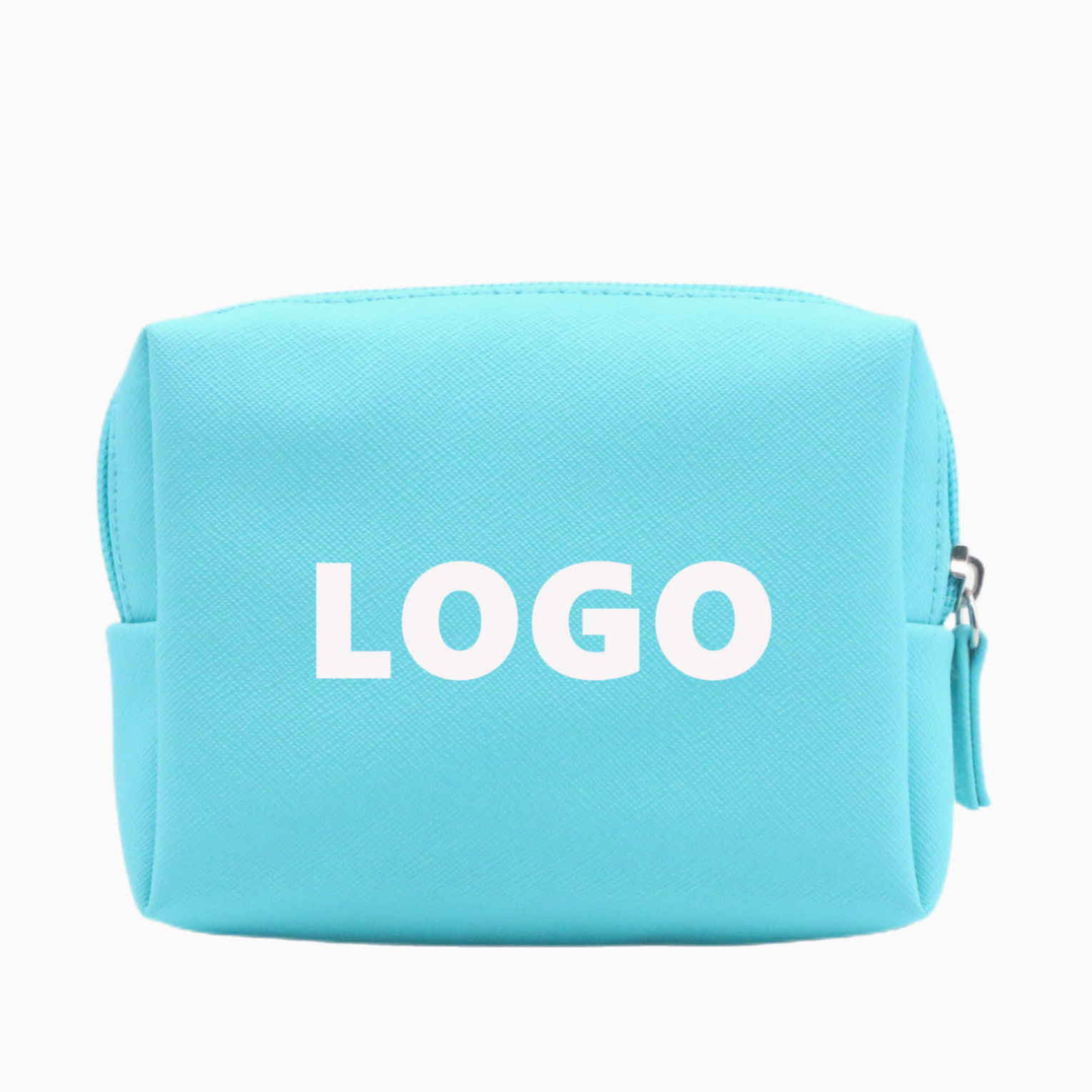 Multipurpose Custom Logo Blue Faux Leather Beauty Zipper Bag Wholesale Bulk Makeup Bag Cute Small Vegan Leather PU Cosmetic Bag