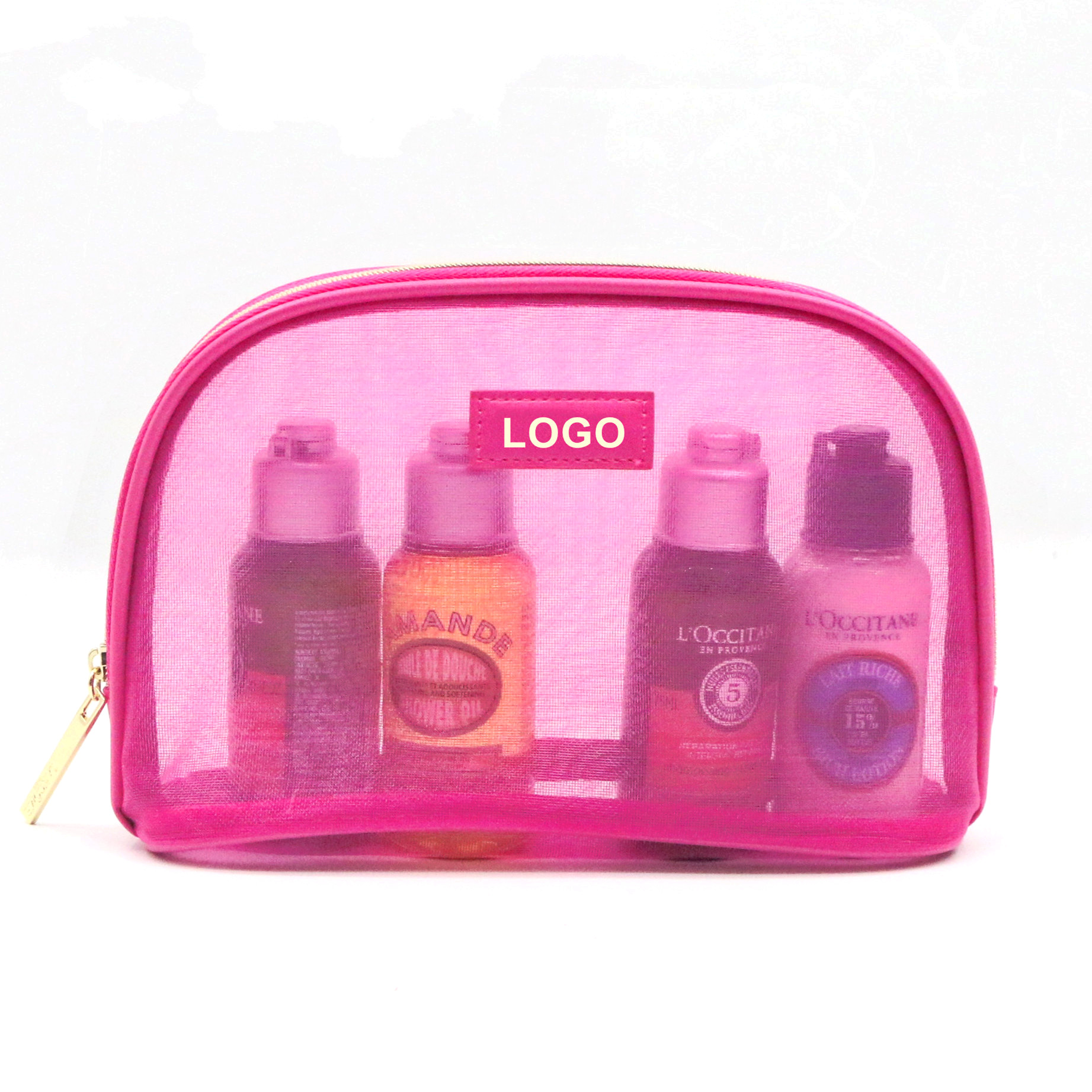 Easy to Dry Pink Organza Polyester Nylon Mesh Makeup Bag Fashion Women Travel Custom Logo Transparent Mesh Beauty Cosmetic Bag