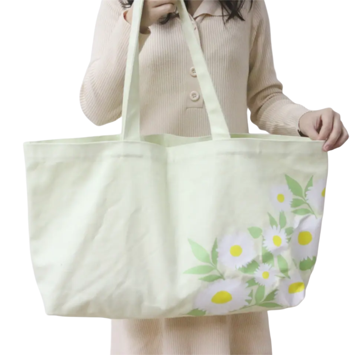 2022  NEW Product Eco-friendly Large Canvas Tote Bag Large Capacity Floral Pattern Recycled Green Cotton Grocery Shopping Bag