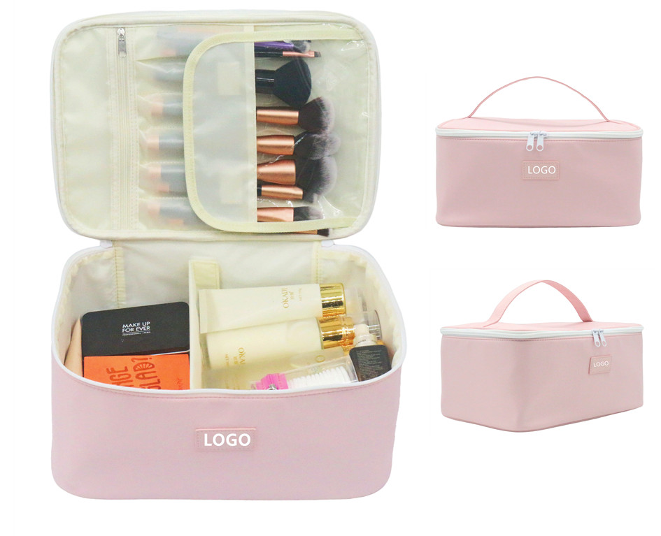 New Pink Beauty Zipper Bag Portable Handle Lady Women Large Size Custom Logo Waterproof Nylon Travel Makeup Cosmetic Bag Case