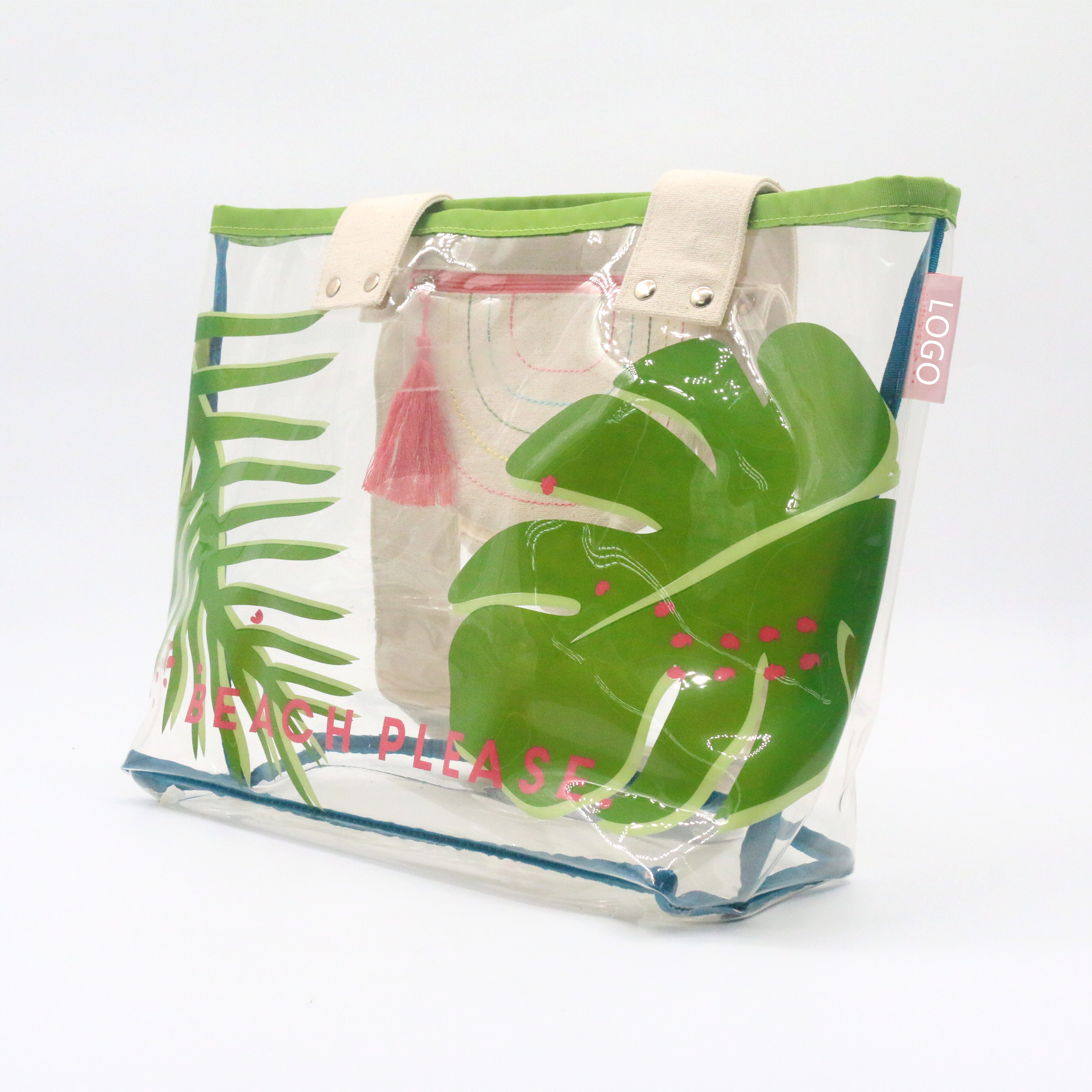 Wholesale Custom LOGO Durable  Transparent PVC Tote Beach Bag Flora Printing Hawaii Style Water-resistance PVC Beach Bag