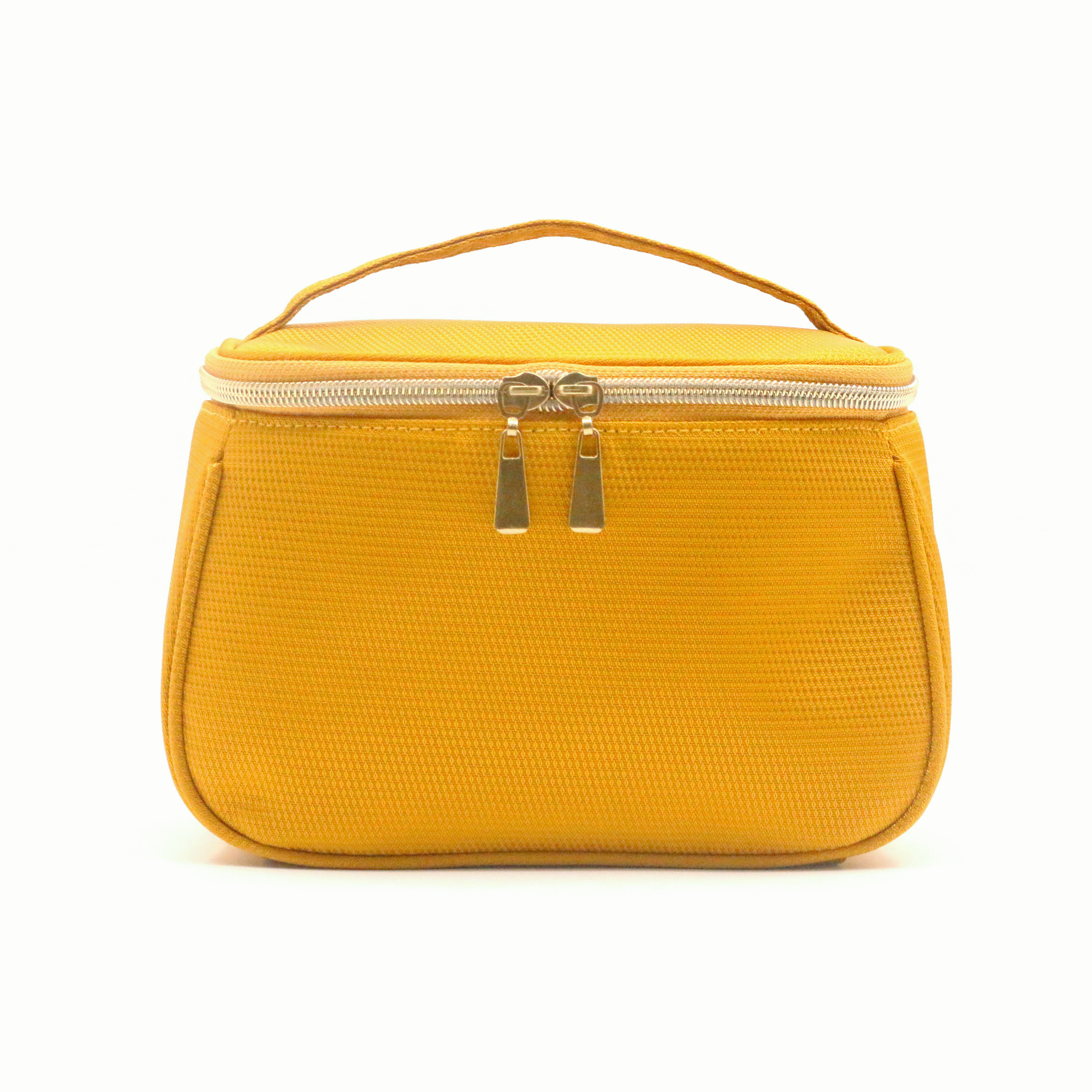 Hot Sale Eco-friendly rPET Fabric Toiletry Bag Trapezoid Shape Vivid Daffodil Yellow Recycled Polyester Zipper Cosmetic Bag