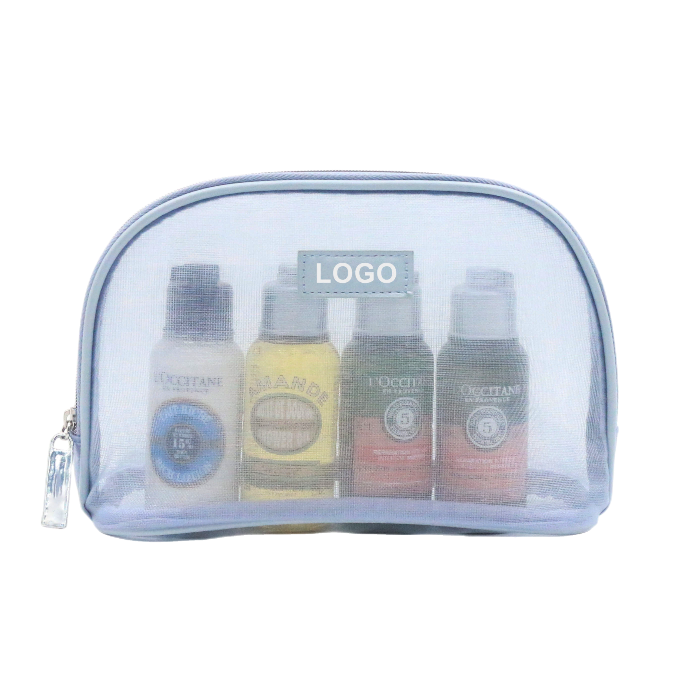 Easy to Dry Transparent Blue Organza Polyester Mesh Makeup Bag Washable Lightweight Custom Logo Nylon Mesh Travel Toiletry Bag
