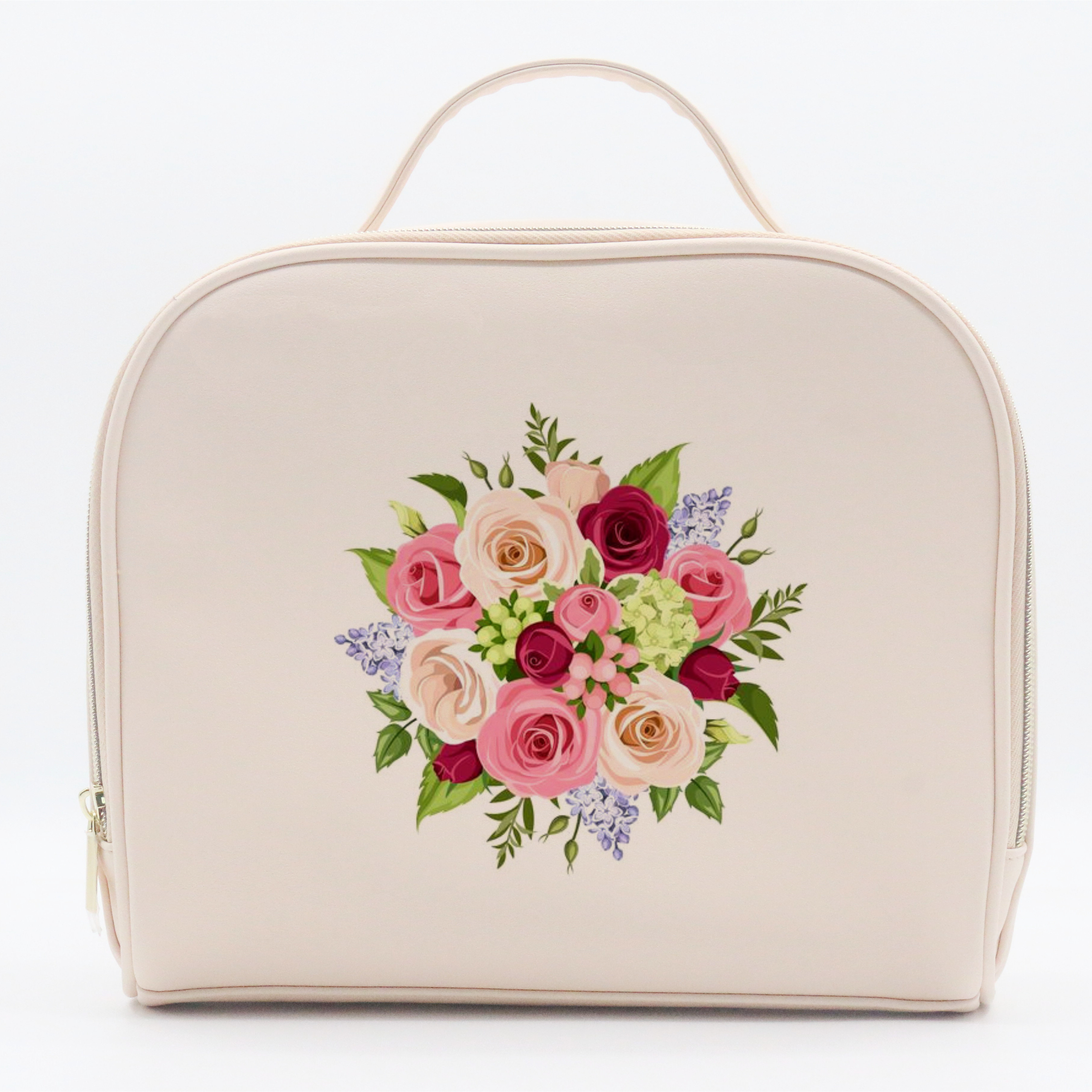 2022 Vintage Style Large Water-based PU Cosmetic Bag Floral Printing Makeup Storage Bag Sandy Beige PU Waterproof Beauty Bag