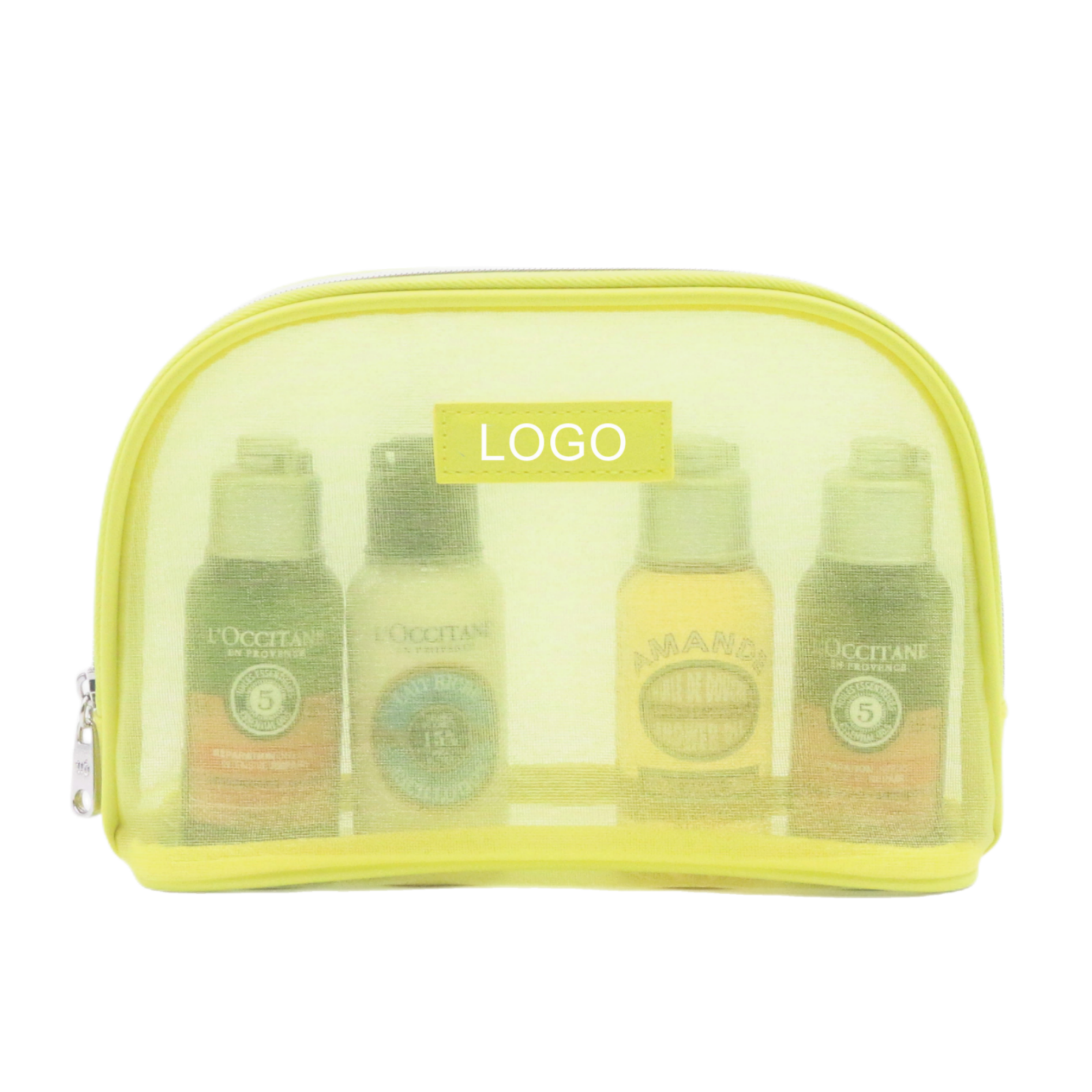 Easy to Dry Lemon Yellow Transparent Organza Polyester Mesh Makeup Bag Custom Logo Washable Lightweight Nylon Mesh Toiletry Bag