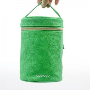 2022 Unique Bright Green Water-based PU Lychee Pattern Cylindric Shape Makeup Bag Waterproof PU Cosmetic Bag
