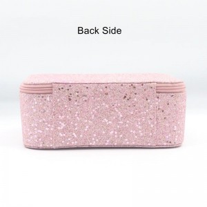 2022 Vanity Open Top Mirror Cosmetic Case Glitter PU Light Rose Pink Square Shape Waterproof PU Cosmetic Organizer