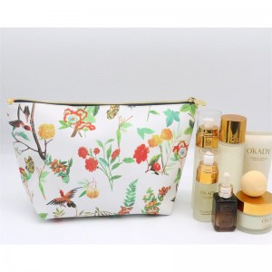 2022 Spring Newest Arrival Lifelike Flowers and Birds Pattern on Snow White Ground Water-based PU Cosmetic Bag