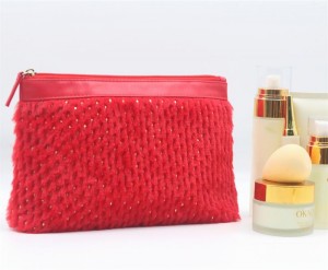 Chic Poinciana Red Ground Golden Dot Pattern Plush PU Stitching Makeup Bag Quality PU Cosmetic Bag