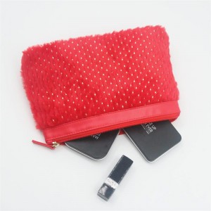 Chic Poinciana Red Ground Golden Dot Pattern Plush PU Stitching Makeup Bag Quality PU Cosmetic Bag
