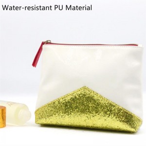 Unique Design White Ground Gold Sequined Pattern Water-based PU Cosmetic Bag