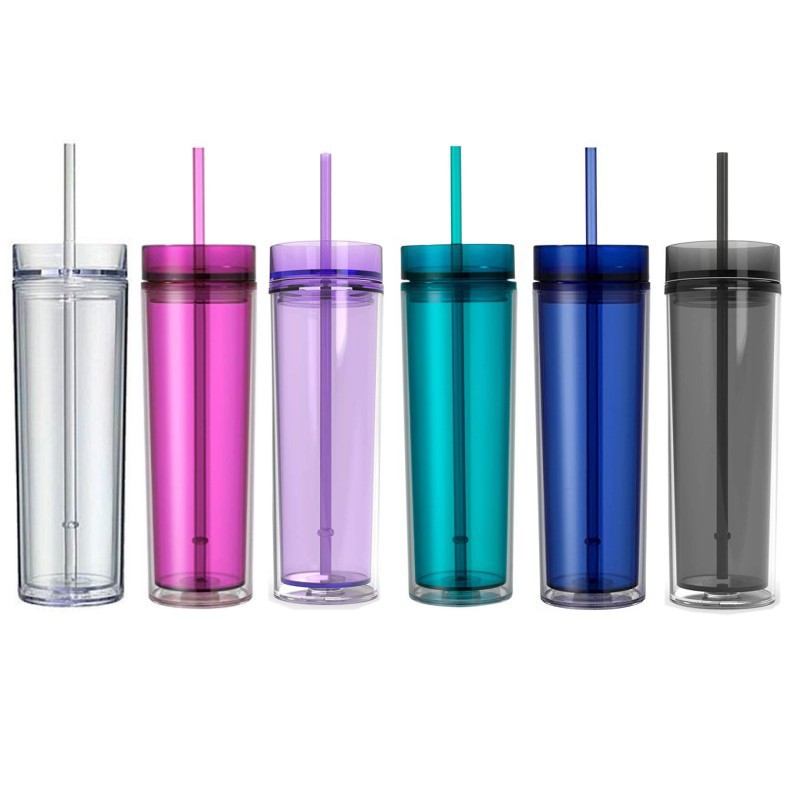 Skinny Acrylic Tumbler with Lid and Straw, 16Oz Clear Tumblers