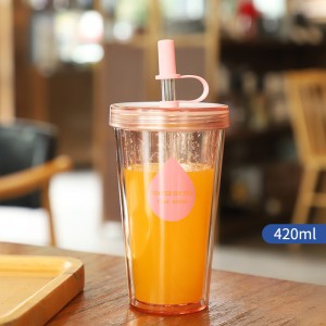 Factory Price Customized 15oz Double Wall Cup Reusable Plastic Drinking Cups Tea or Coffee With Straw