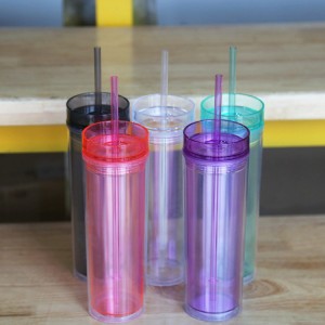 Acrylic PS Tumblers with Lids and Straws Skinny 16oz Double Wall Plastic Tumblers Reusable Cup With Straw