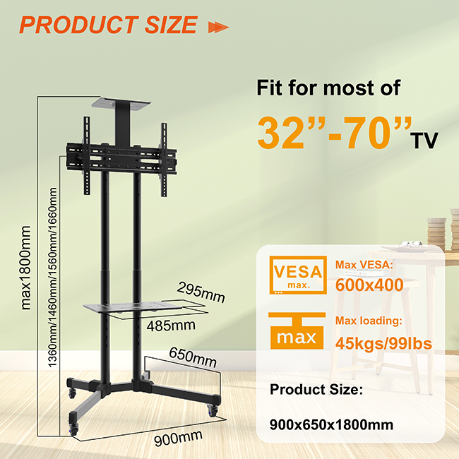 ODM Mobile Tv Cart Manufacturer –  Adjustable Height TV Stand on Wheels – CHARM-TECH