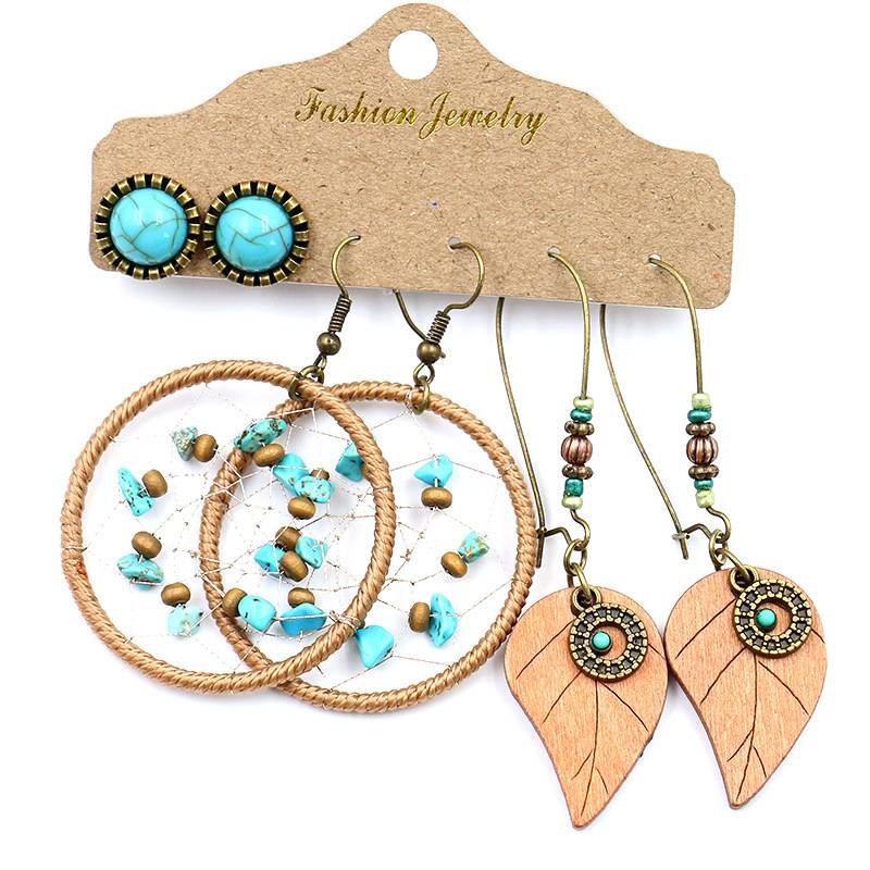 Antique Bohemian Bronzed Earrings Set For Women Turquoise Geometric Water Drop Earring Jewelry