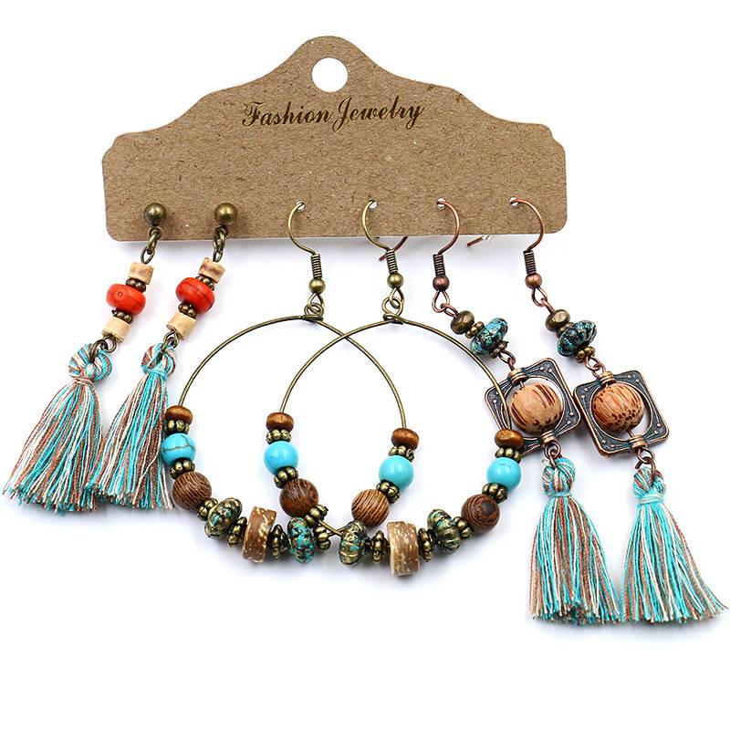 Antique Bohemian Bronzed Earrings Set For Women Turquoise Geometric Water Drop Earring Jewelry