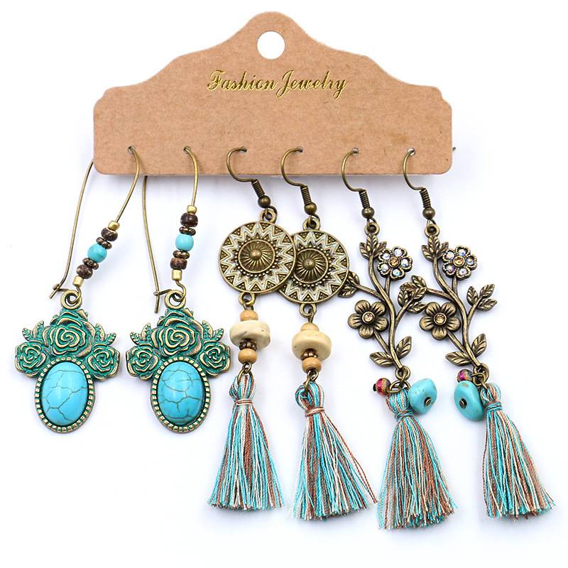 Antique Bohemian Bronzed Earrings Set For Women Turquoise Geometric Water Drop Earring Jewelry Featured Image