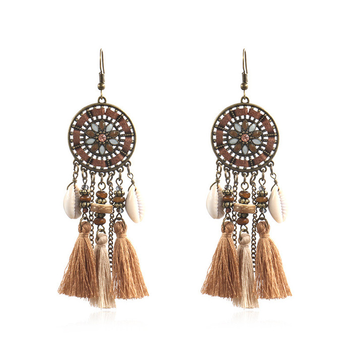 Retro Round Flower Disc Shell Tassel Earrings Ethnic Gypsy Hypoallergenic E218 Featured Image