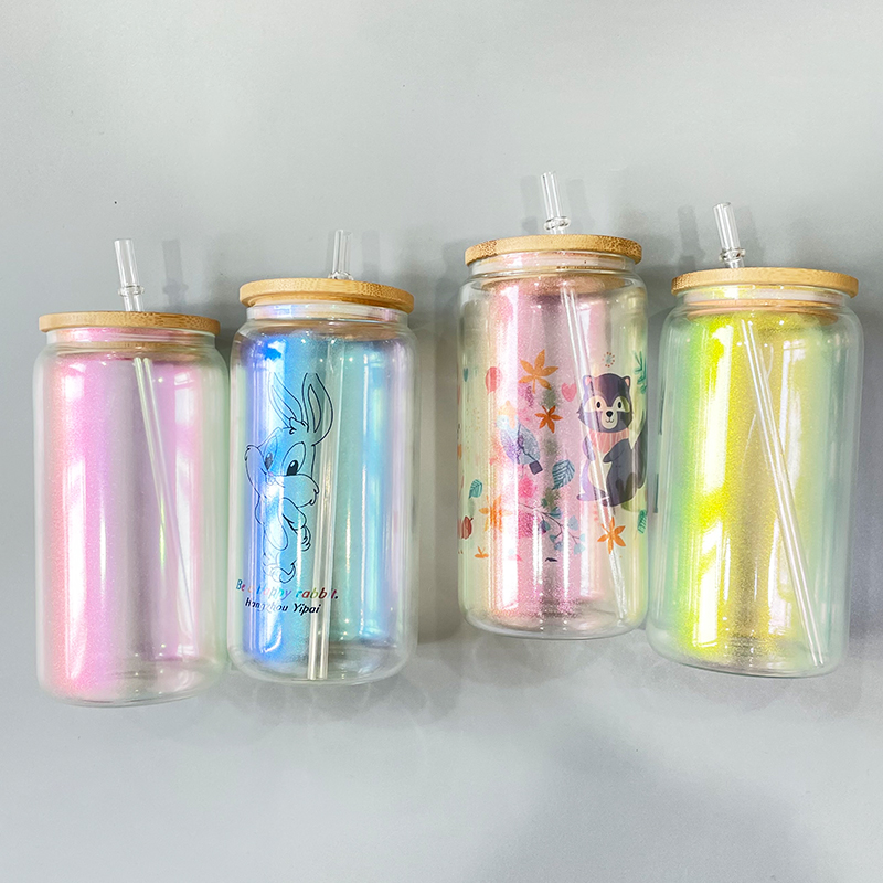 16oz blank sublimation iridescent rainbow glitter Glass Can for Water, Wine, Beer, Cocktails and Mixed Drinks