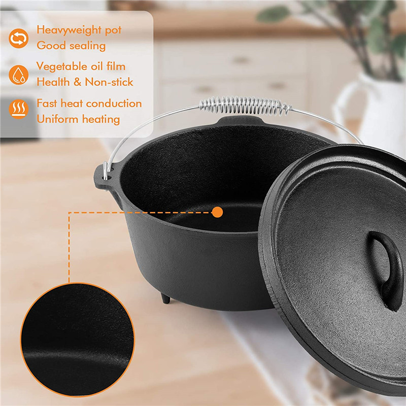 China Wholesale Cast Iron Casserole Cookware Set Quotes –  Cast Iron Dutch Oven Pre-seasoned Pot with Lid Lifter Handle, 5 Quart Camp Cookware Pot with Silicone Handles for Camping Cooking, BBQ, Basting, or Baking, Black Cast Iron – MICAI detail pictures