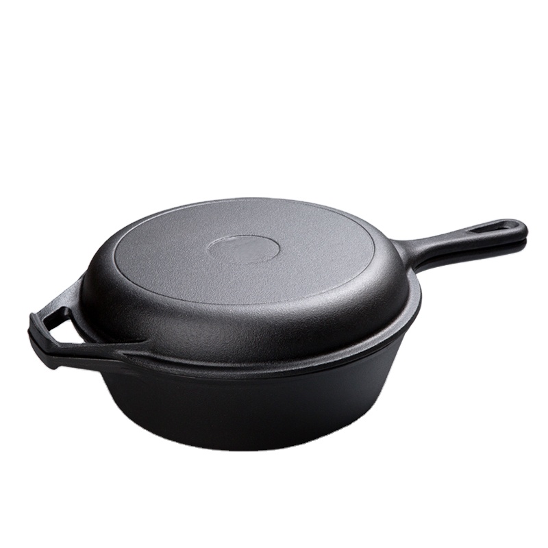 Cast Iron Skillet + Lid – 2-In-1 Multi Cooker – Deep Pot + Frying Pan Cover – 3-Qt Dutch Oven/Combo Cooker