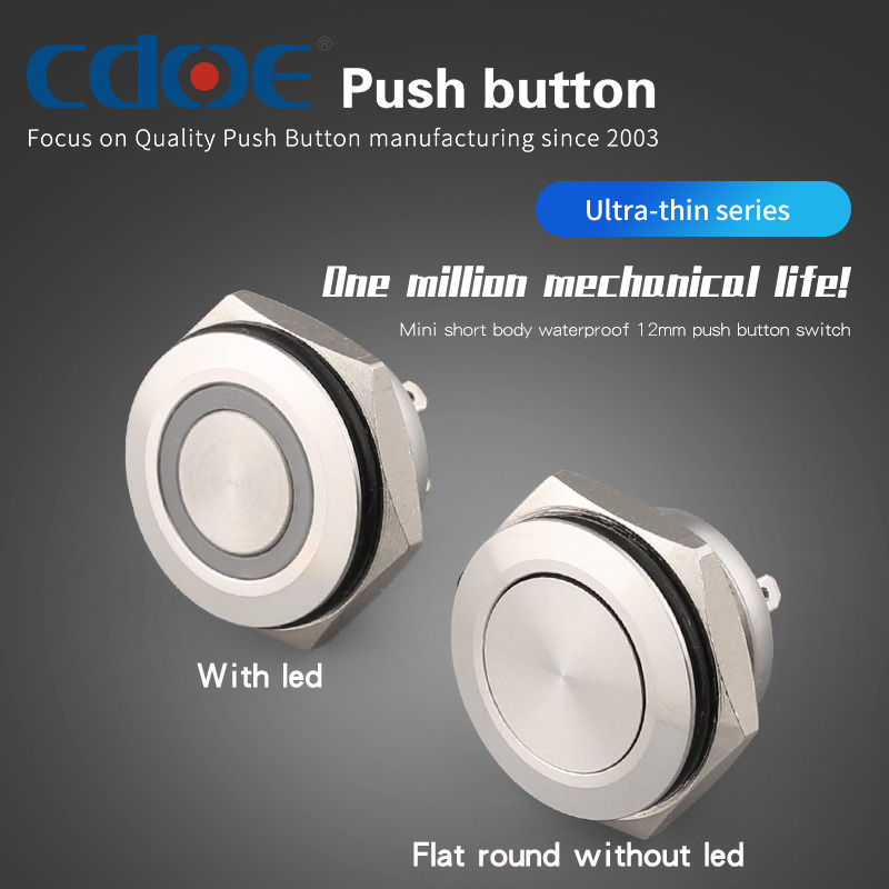 Interrupteur à bouton-poussoir en métal étanche, 12mm, lumière LED