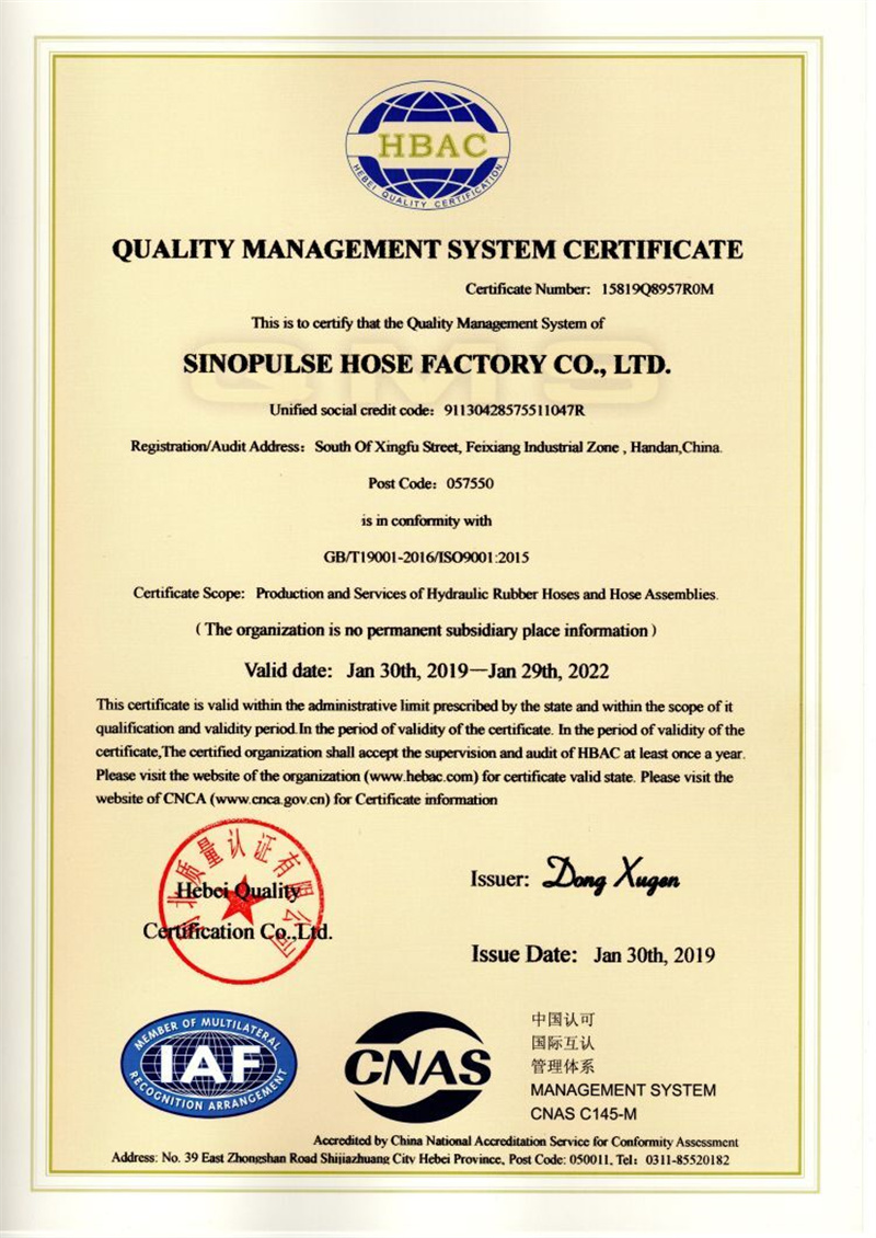 Sinopulse ISO certification Hydraulic hose and fittings (1)