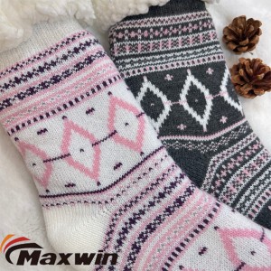 Ladies Bright Silk Winter Warm Indoor Slipper Socks with Grid Stripe Cabin Socks