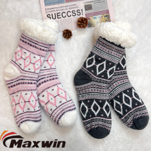 Ladies Bright Silk Winter Warm Indoor Slipper Socks with Grid Stripe Cabin Socks