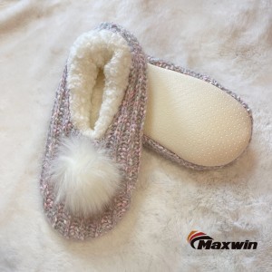 Ladies’ fuzzy non-slip shoes with pompom, Suede Sole Slip-On Shoes with pompom