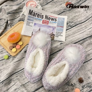 Ladies’ fuzzy non-slip shoes with pompom, Suede Sole Slip-On Shoes with pompom