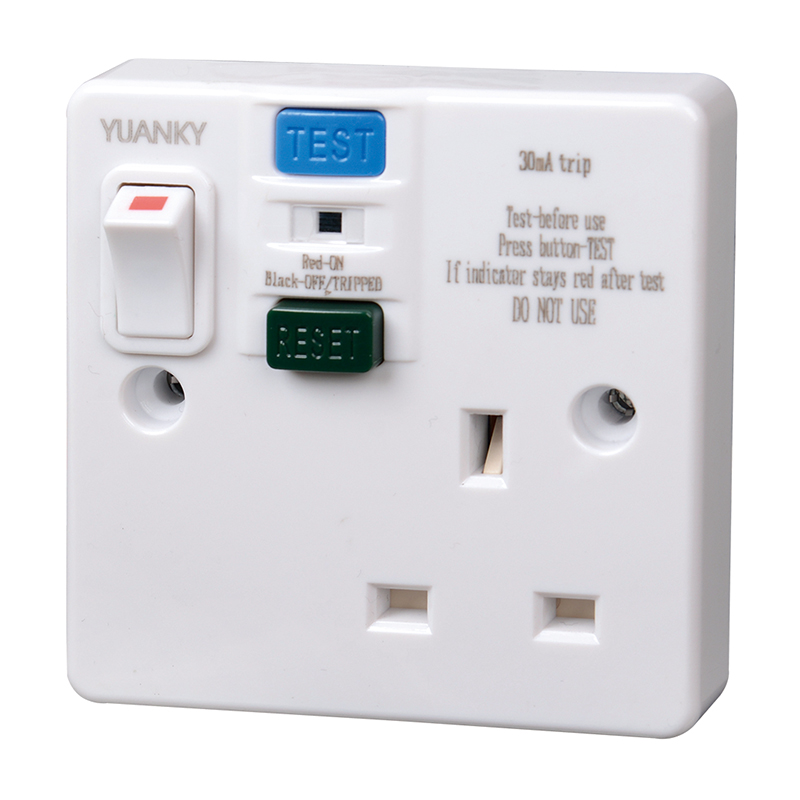 British 13A 30mA RCD protected safety socket single RCD plastic and UK socket switched