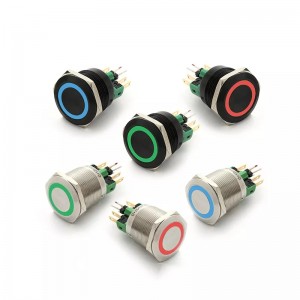 22mm black aluminium or Stainless steel 3 three led color ring illuminated push button switch latching(PM221F-11ZE/RGB/12V/A )