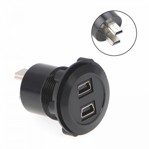 22mm mounting diameter metal Aluminium anodized USB connector socket  double layer 2*USB2.0  mini  Female to male