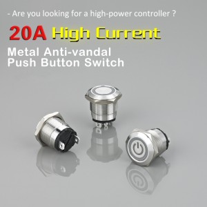 19MM new High Current 20A metal Stainless steel push button switch with  illuminated power symbol light PM196F-10ET/J/S