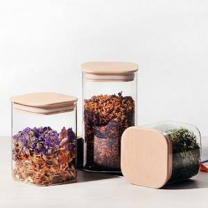 Square borosilicate glass storage jar with bamboo wooden lid  