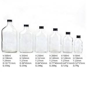 Botella de viño plana de vidro transparente de 50 ml 100 ml 200 ml 250 ml 350 ml 500 ml de deseño personalizado con tapa metálica