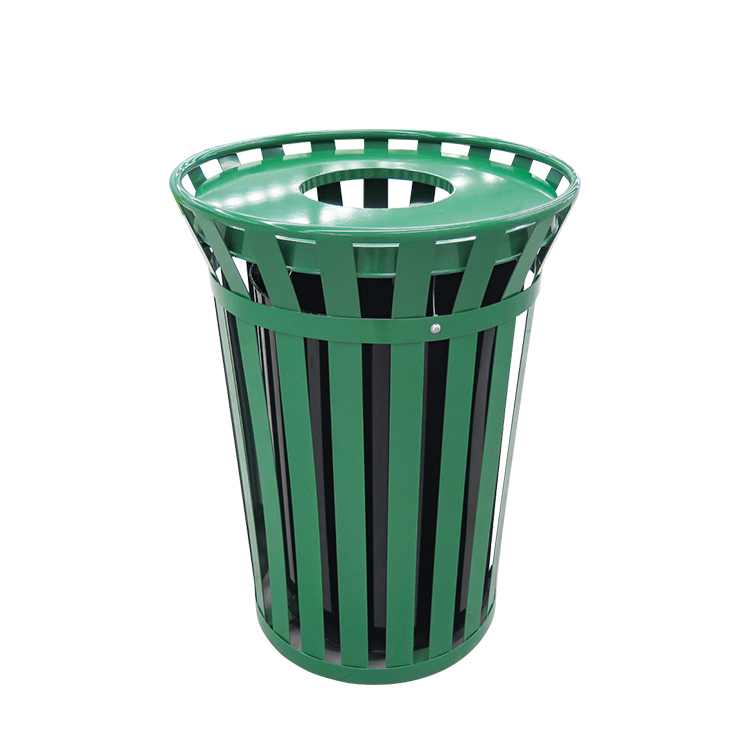 緑の 38 ガロンの金属のゴミ箱、平らな蓋が付いている屋外の商業ゴミ箱