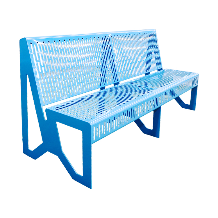 Perforované kovové lavice Komerčná oceľová modrá Vonkajšia lavica s operadlom