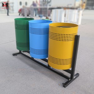 Cubos de reciclaxe para exteriores de aceiro perforado clasificados e coloridos personalizados 3 compartimentos2