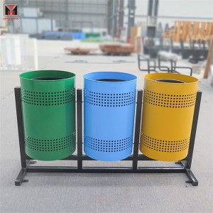 Coșuri de reciclare în aer liber din oțel perforat, personalizate, colorate, clasificate, 3 compartimente3