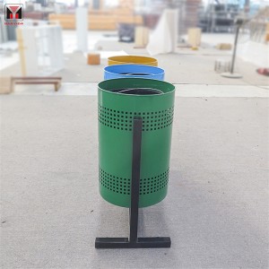 Cubos de reciclaxe para exteriores de aceiro perforado clasificados e coloridos personalizados 3 compartimentos7