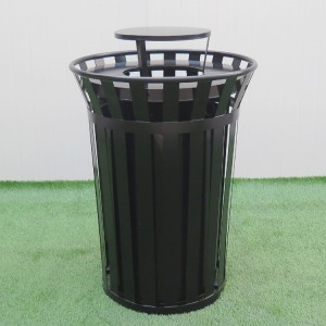 Großhandel Schwarzer 38-Gallonen-Mülleimerbehälter aus Metall mit Lattenrost für den Außenbereich und Regenhaubendeckel 3