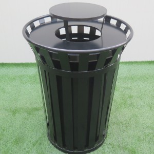 Receptacle d'escombraries de llistons metàl·lics a l'aire lliure de 38 galons negres a l'engròs amb tapa per a la pluja 2