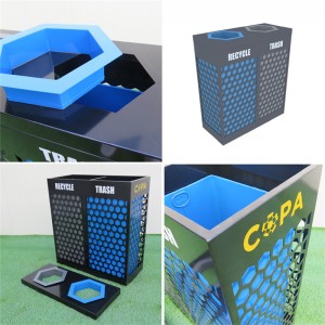 Papelera de reciclaxe de metal contemporánea para exteriores personalizada de fábrica 2 compartimentos7