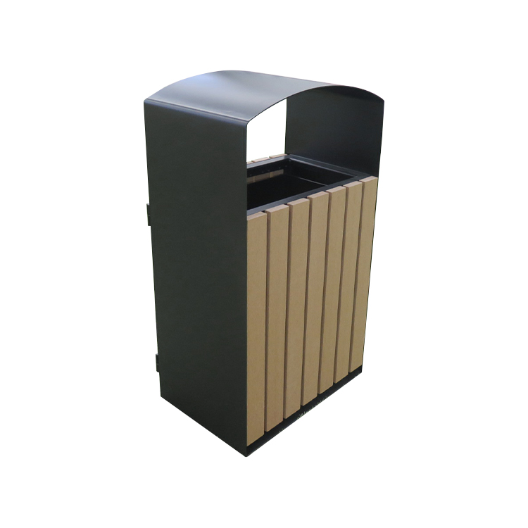 Single WPC Outdoor Trash Bin Curved Metal Frame Wood Plastic Litter Bin With Lock Door For Park Garden